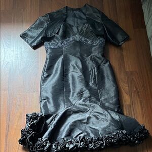 Terani Gunmetal Grey Satin Mermaid Dress with Embellished Waist & Bolero size 14